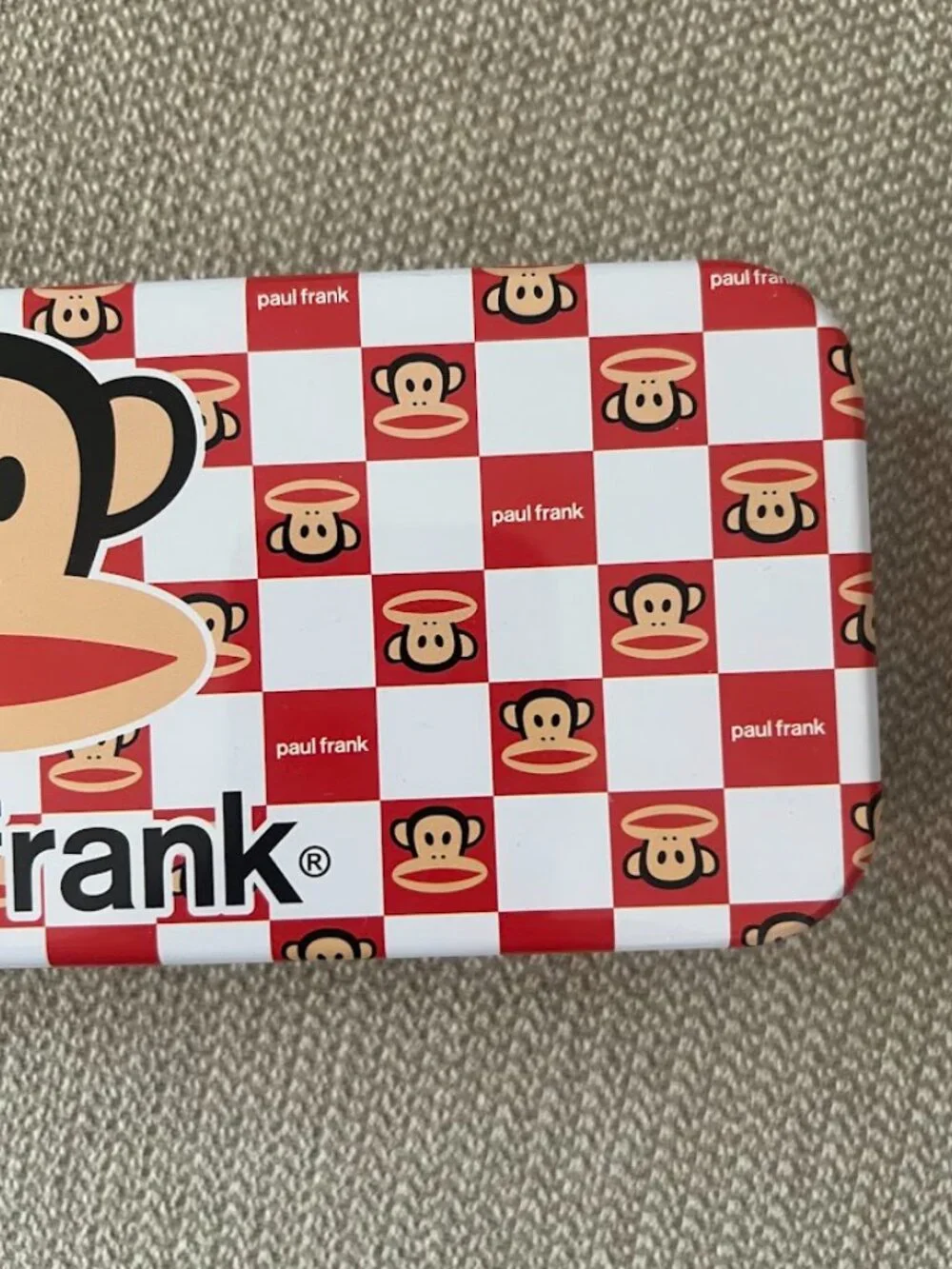 Paul Frank Red Black Checkered Monkey Metal Tin Pencil Case